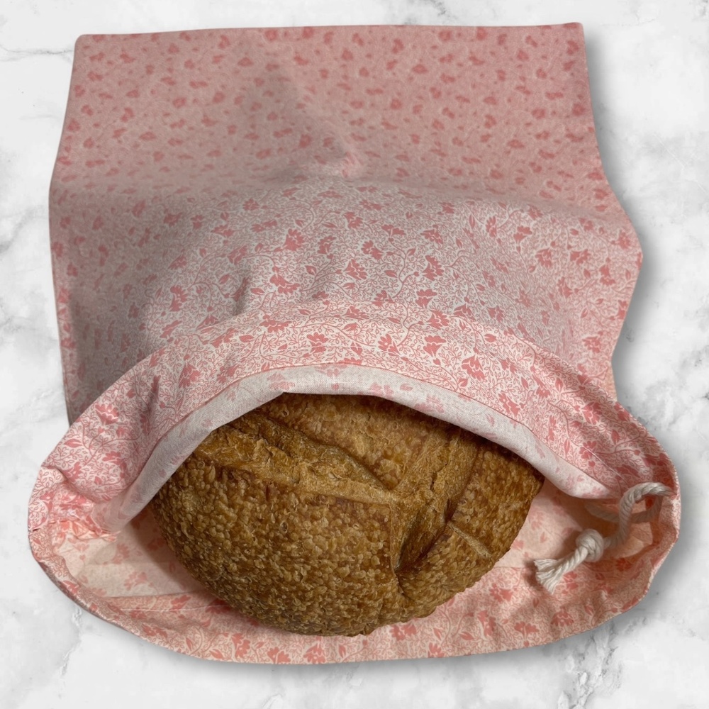 Pink Floral Bread Bag, Reusable Cotton Sourdough Storage, Farmhouse Kitchen